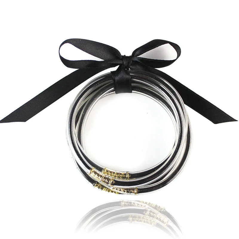 Новейшие всепогодные блестящие заполненные Stardust стек силиконовые круглые браслеты для женщин с бантом желе браслеты 5 шт набор - Окраска металла: Black