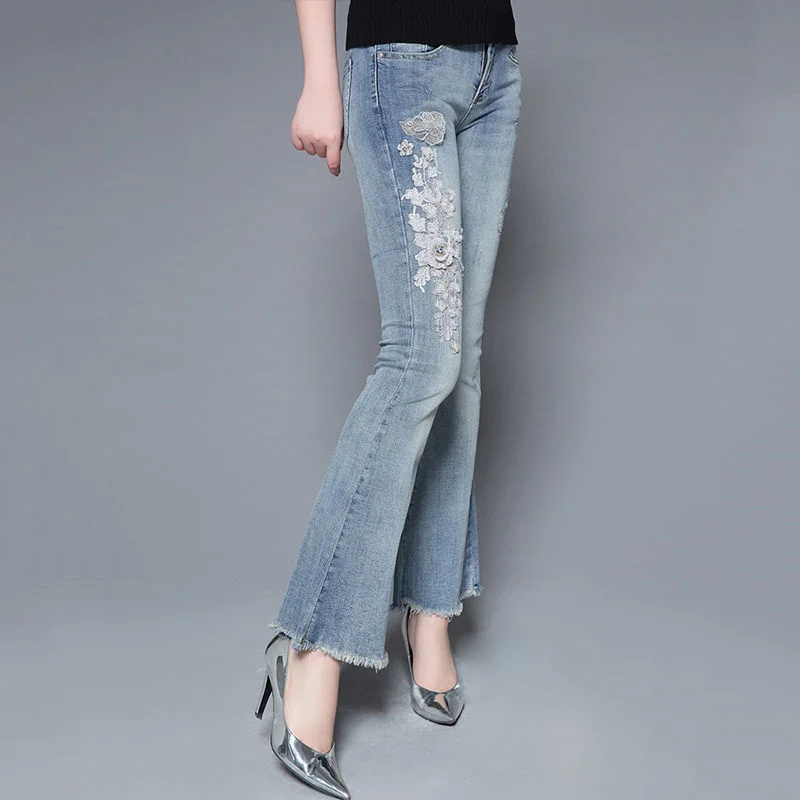 Jeans Women Spring Summer Thin High-Waist Flared Denim Pants 2021 New Korean Style Skinny Vintage Embroidery Cropped Trousers