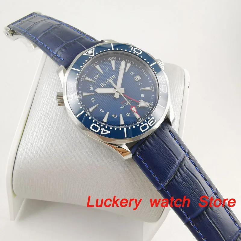 41 мм bliger роскошные часы с синим циферблатом светящиеся saphire стекло; кожаный ремешок GMT Автоматические Мужские механические Watches-BA191
