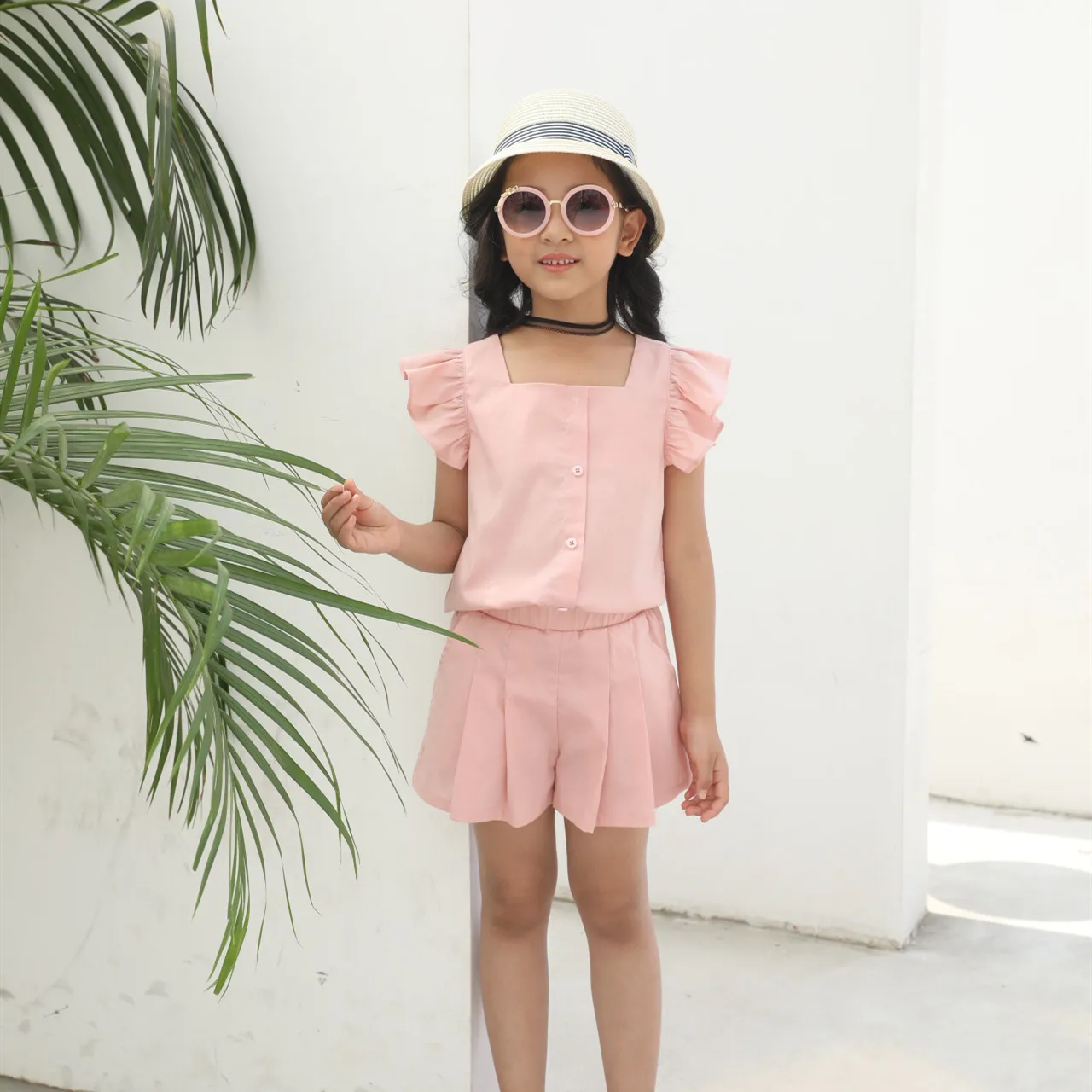 

2020 Spring Summer New Style Children GIRL'S Suit Two-Piece Set Pure Cotton Fashion Casual Solid Color Single-Breasted Shirt
