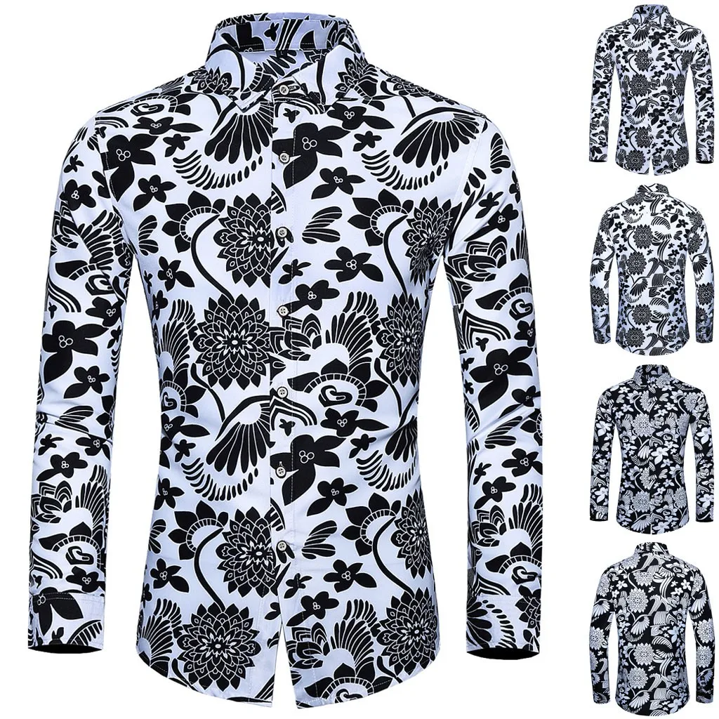 Hawcoar Для Мужчин's Повседневное и с аппликацией в виде цветка печати красочный тонкий длинный рукав M-6XL рубашка блузка Топы рубашка мужская Z4