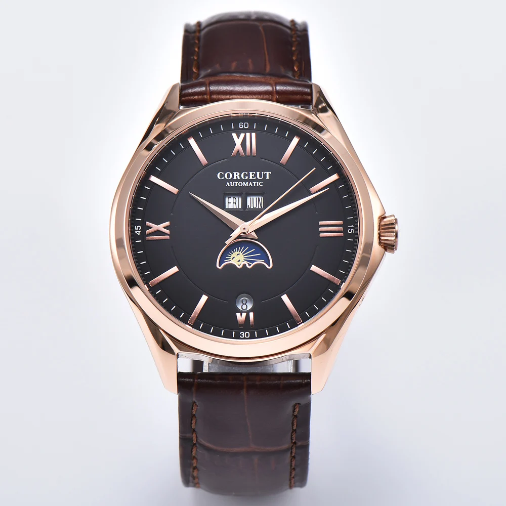 Мужские часы Corgeut 41 мм с автоматическим перемещением, с синим циферблатом, с Луной, фазой, датой, месяцем, водонепроницаемые мужские часы с кожаным ремешком - Цвет: NO3
