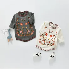 Girls Winter Knitted Rompers Kids Children Exquisite Flower Pattern Retro Style Warm Bodysuits Baby Infants Clothes