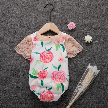 

Baby Jumpsuit Infant Rompers Summer Short Sleeve Lace T-shirt Tops Romper Newborn Baby Shorts Girls Gentle Outfits Clothes Set