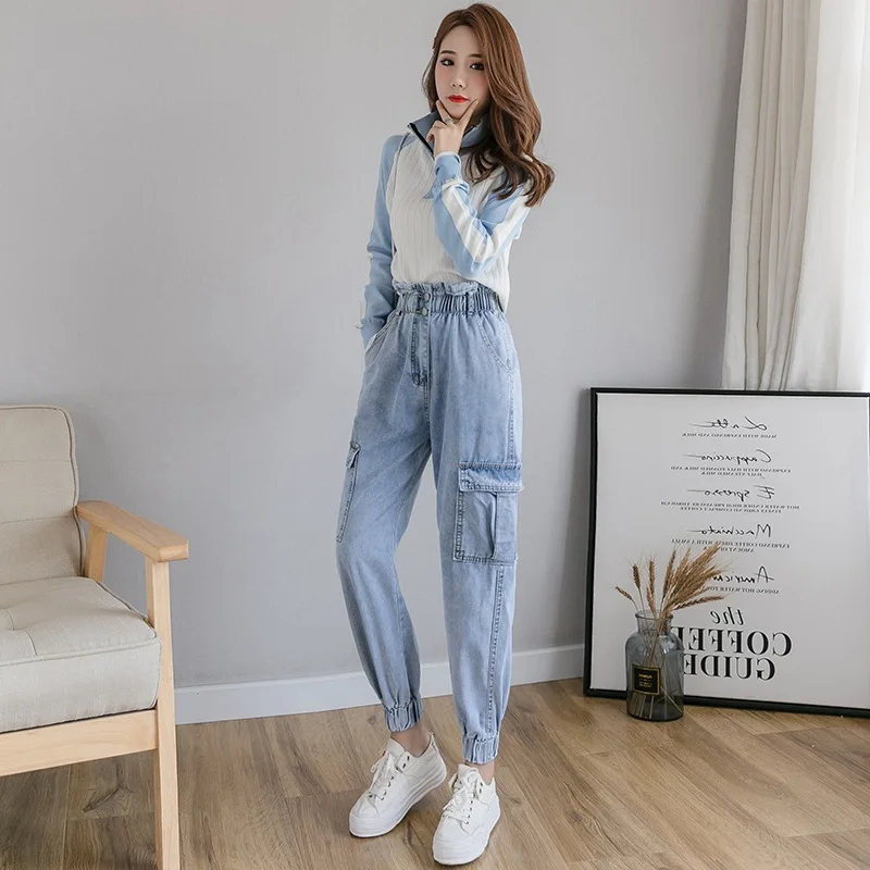 

Beamed overalls women's autumn 2019 new loose straight high waist slim jeans