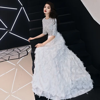 

Large Size 3XL Cheongsam 2020 New Sequins Lady Evening Party Gown Elegant O-Neck Slim Sexy Long A-Line White Qipao Maxi Dress