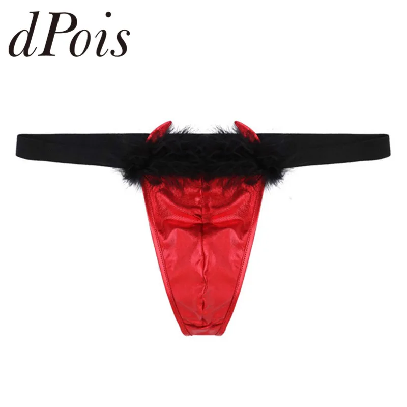 

Sexy Men Shiny Metallic Lingerie Low Rise Elastic Waistband T-back Halloween Devil Fancy Cosplay G-string Thong Briefs Underwear
