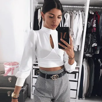 

Women Casual Long Sleeve Crop Top Basic Crew Neck Slim Fit Sweatshirts Hollow Out Fashion Women Tops