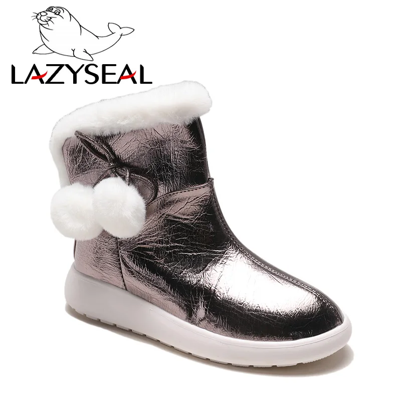 LazySeal/Новые теплые зимние ботинки женская обувь однотонные кожаные зимние полусапоги на плоской подошве, на платформе, из водонепроницаемого материала, с меховым помпоном - Color: Gun