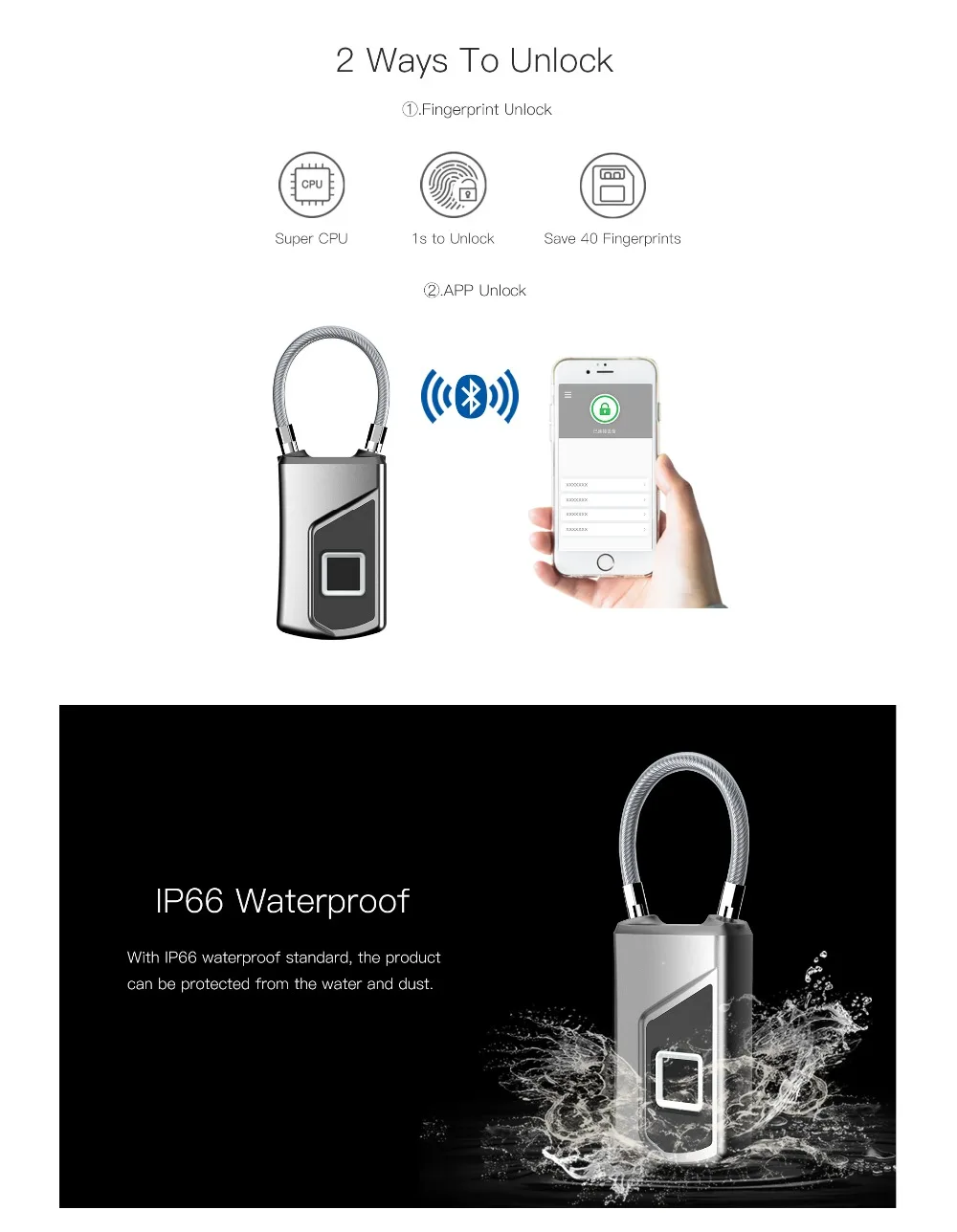 Противоугонный Bluetooth замок водонепроницаемый IP66 Портативный Смарт биометрический замок отпечатков пальцев без ключа USB зарядка для сумки шкафа велосипеда