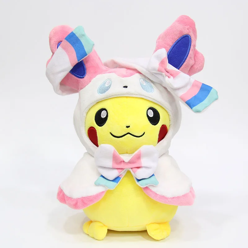 Cos Sylveon 28 см карманные животные Пикачу Косплей Eevee плюшевые игрушки Gengar мягкие куклы Eevee с плащом Cos игрушка Пикачу детский подарок SA1884 - Цвет: Cos Sylveon