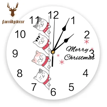 

Christmas Snowflake Cute Cat Printed PVC Wall Clock Modern Design Home Decor Bedroom Silent Clock Watch Wall For Living Room