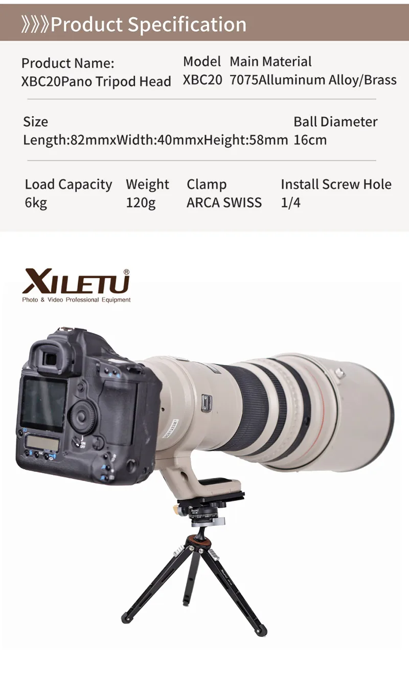 XILETU XBC-20 Tripod Head Ball Head Rotating Panoramic BallHead with 1pcs 1/4" to 1/4" Srew Adapters for Monopod DSLR Camera