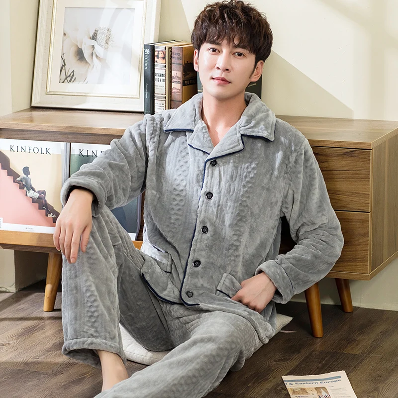 

Winter Warm Flannel Pajamas Set for Men Lounge Male Coral Fleece Sleepwear Blanket Nightgown Home Clothes Winter Thicken Pajama