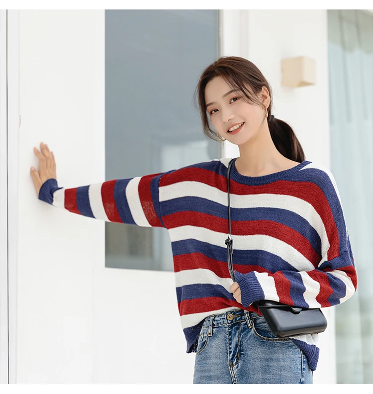 Корейский стиль женский свитер осенний ленивый Радужный полосатый свободный милый пуловер с длинными рукавами вязаный свитер женский круглый вырез женский