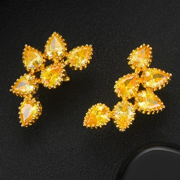 

missvikki Cute Yellow Green Leaf Stud Earrings Charm Shiny Clear CZ Crystal Exquisite Jewelry for Women Party Birthday Gift