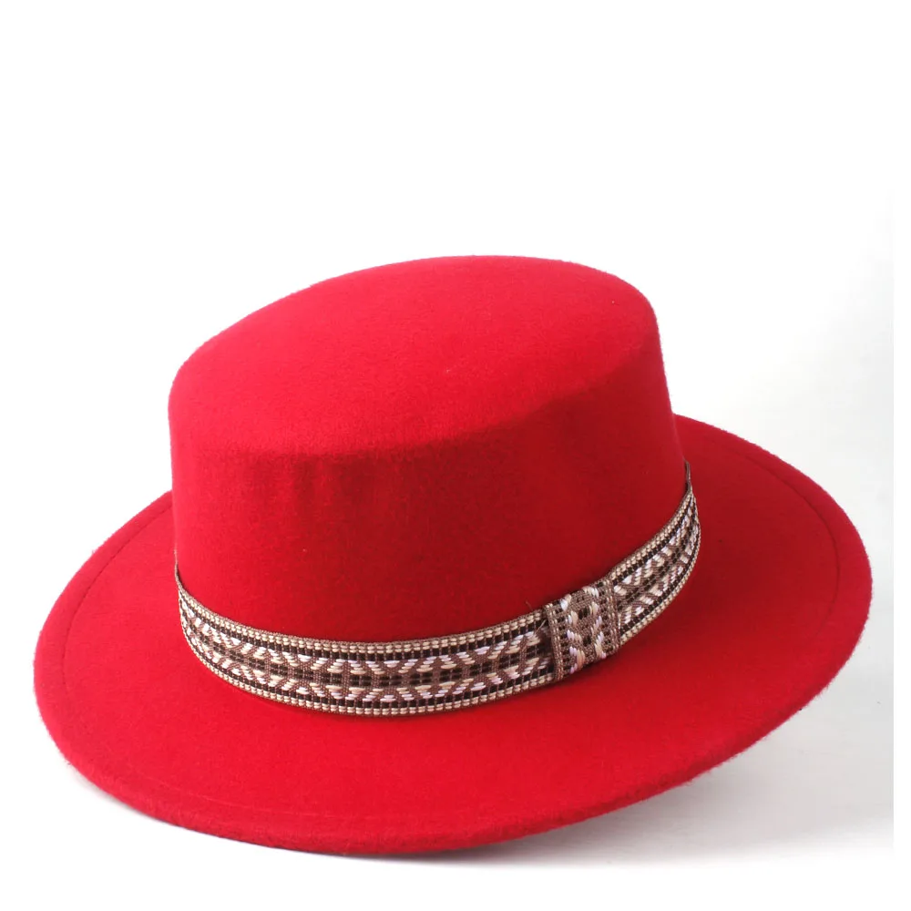 Новая мужская и женская мода Fedora гладкая шляпа Зимняя широкоугольная шляпка для церкви шерсть фетровый, Джазовый головной убор Панама чародейная шляпа размер 56-58 см - Цвет: Red
