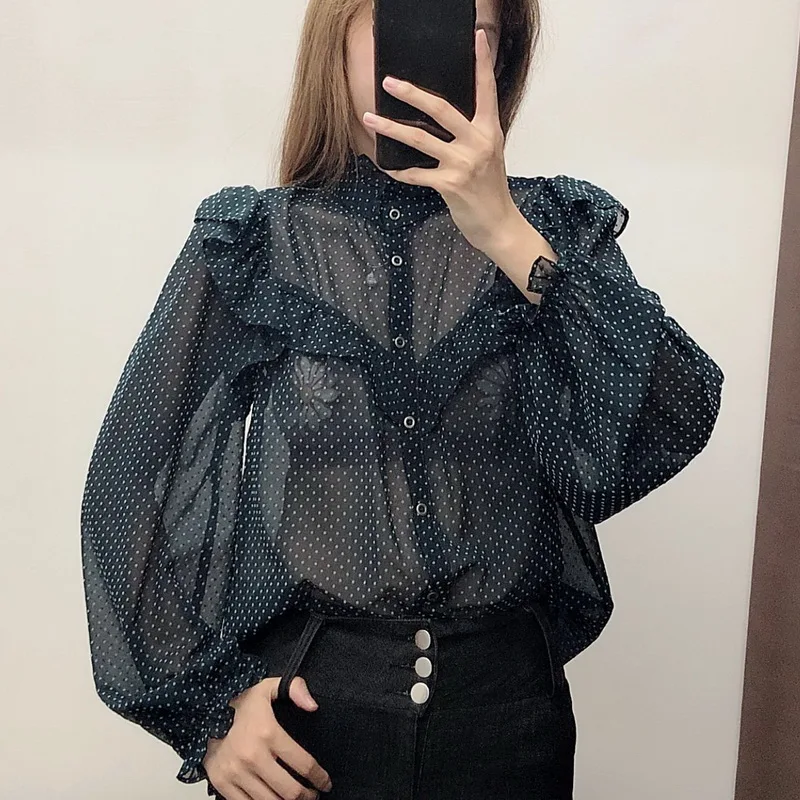 Прозрачная женская гофрированая рубашка осень 2019 Новая модная шифоновая блузка