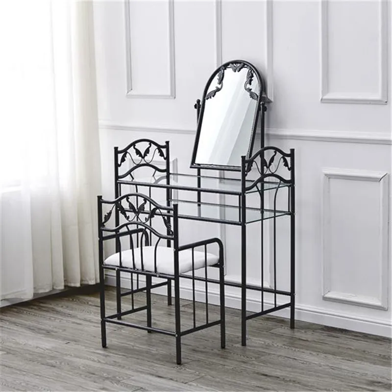 

Elegant Ladies Makeup Dresser Vanity Desk Mirror Dressing Glass Table Retro Leaf Pattern Iron Dresser with Dressing Stool Bronze