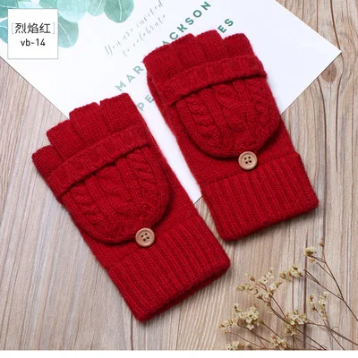 NEW Women Gloves Wool Knitted Winter Driving Gloves Knitted Warm Mittens Flip Half Finger Fingerless Female Gloves Free Shipping - Цвет: vb-14  red