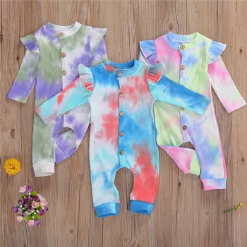 

Baby Autumn Romper Newborn Baby Boys Girls Ribbed Knitted Ruffles Long Sleeve Button Romper Toddler Girls Tie Dyeing Jumpsuits