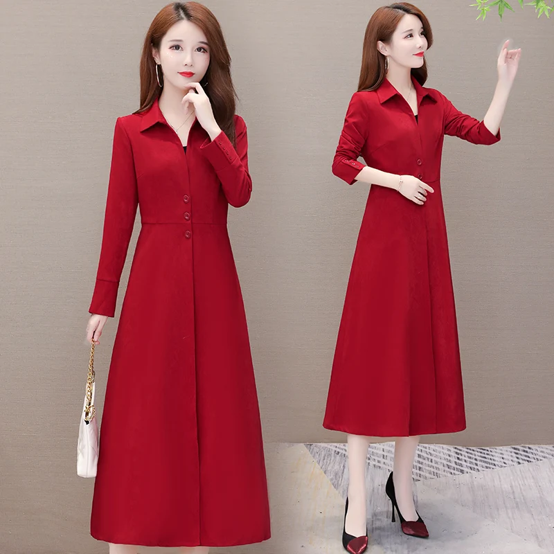 Windbreaker female medium long autumn new Korean slim slimming waist large size long over the knee wide wife coat women