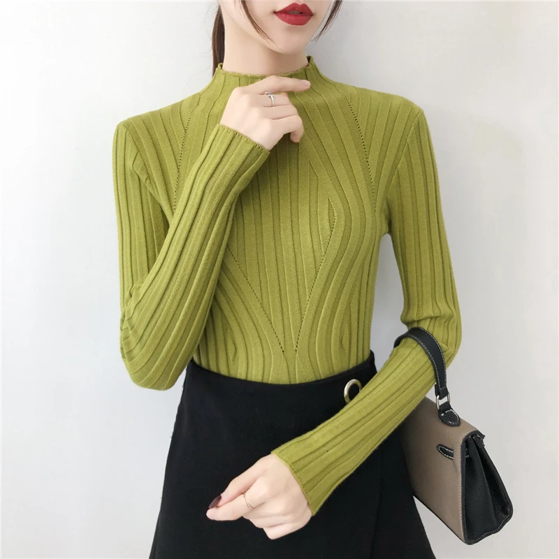 green Autumn Winter Thick Sweater Women Knitted Ribbed Pullover Sweater Long Sleeve Turtleneck Slim Jumper Soft Warm Pull Femme - Цвет: green