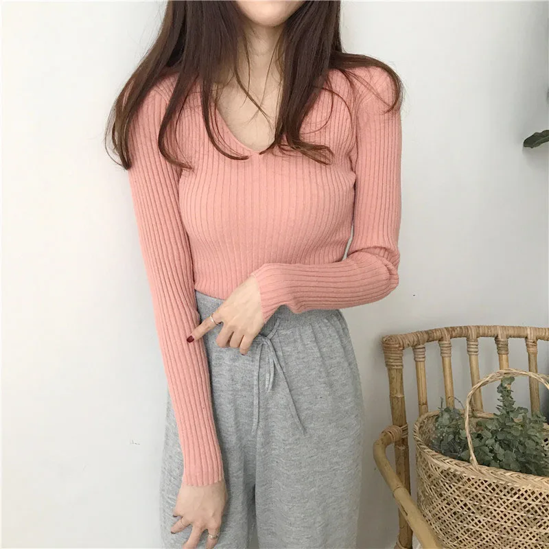 Winter Knitted Women V-Neck Solid Sweet Standard Korean Sweaters And Long Sleeve Pullovers Casual Regular Sueter Mujer Tops | Женская