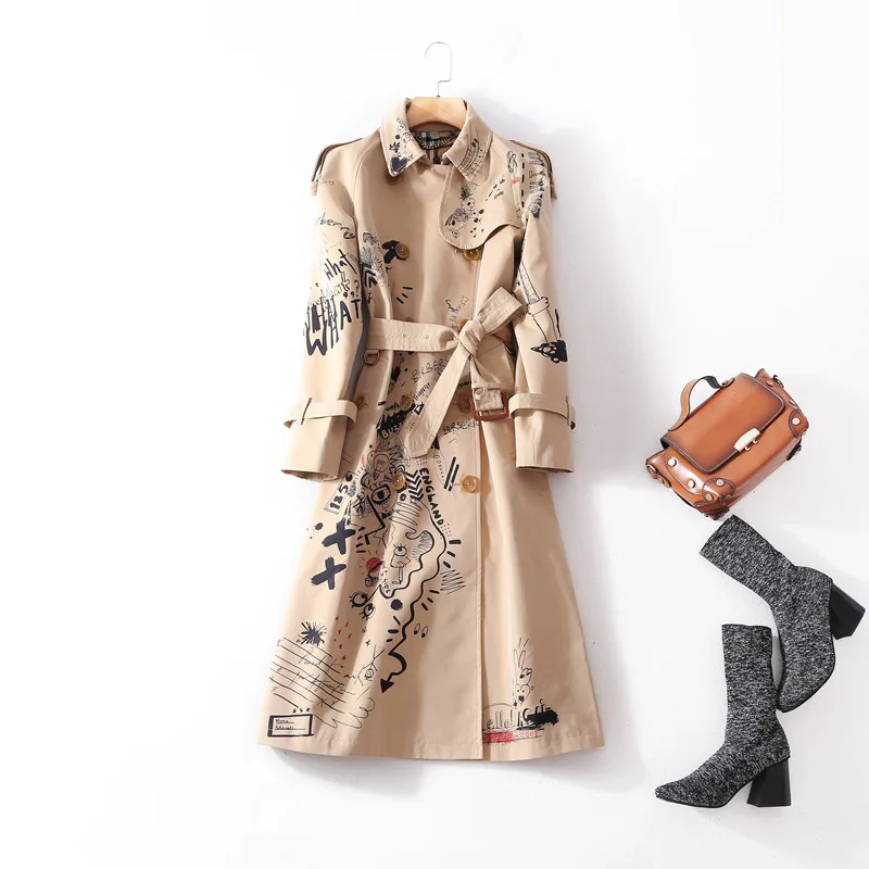 Europe And America Printed Stand Collar Joint WOMEN'S Trench Coat Autumn WOMEN'S Dress Lace-up Waist Double Row Mouth Coat