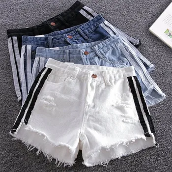 

Women High Waist Denim Shorts Thin And Hole Denim Shorts Fashion Side Stripe Raw Summer Shorts брюки женские 4Colors