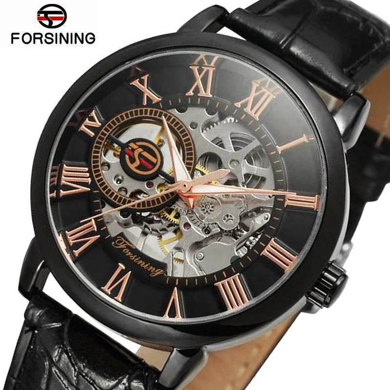 

Forsining Brand Genuine Leather Waterproof Hollow out Analog Watch MEN'S Watch Manual Analog Watch Men
