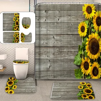

4pcs Rugs Shower Curtain Set Soft Hotel Home Decor Dorm Waterproof Sunflower Print With Hooks Toilet Lid Cover Bath Mat Bathroom