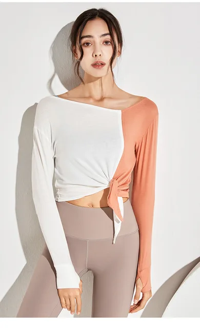 Women Long Sleeve Thumb Hole Loose Yoga Shirt HIt Color Patchwork