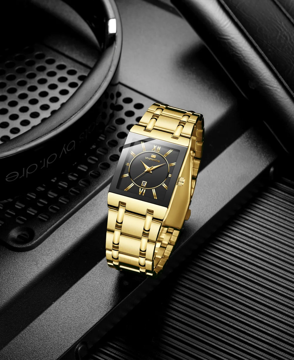 2022 Men Business Watch Simple Design Luxury Fashion Rectangular Gold Stainless Steel Calendar Waterproof Quartz Men's Watches