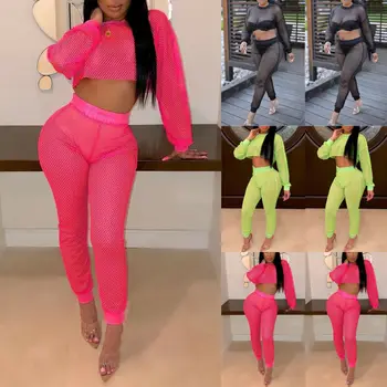 

Women 2 Piece Outfits Hollow Out See Through Sexy Fashion Long Sleeve Crop Top Pants Set Casual Jumpsuit Rompers