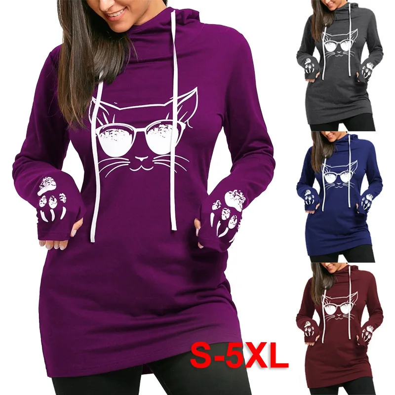

Uguest Fall Women Long Loose Sweatshirt Cat Printed Streetwear Long Sleeve Pockets Hooded Pullovers Winter Sweatshirt Casual Top