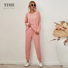 

Autumn Winter Solid Color Long Sleeve Loose T-shirts And Pants Casual Home Women Pajamas Matching Pant Sets Elegant Slim Fit