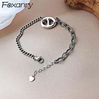 

Foxanry Minimalist 925 Sterling Silver Thick Chain Bracelets for Women Vintage Creative Thai Silver Birthday Party Jewelry Gifts