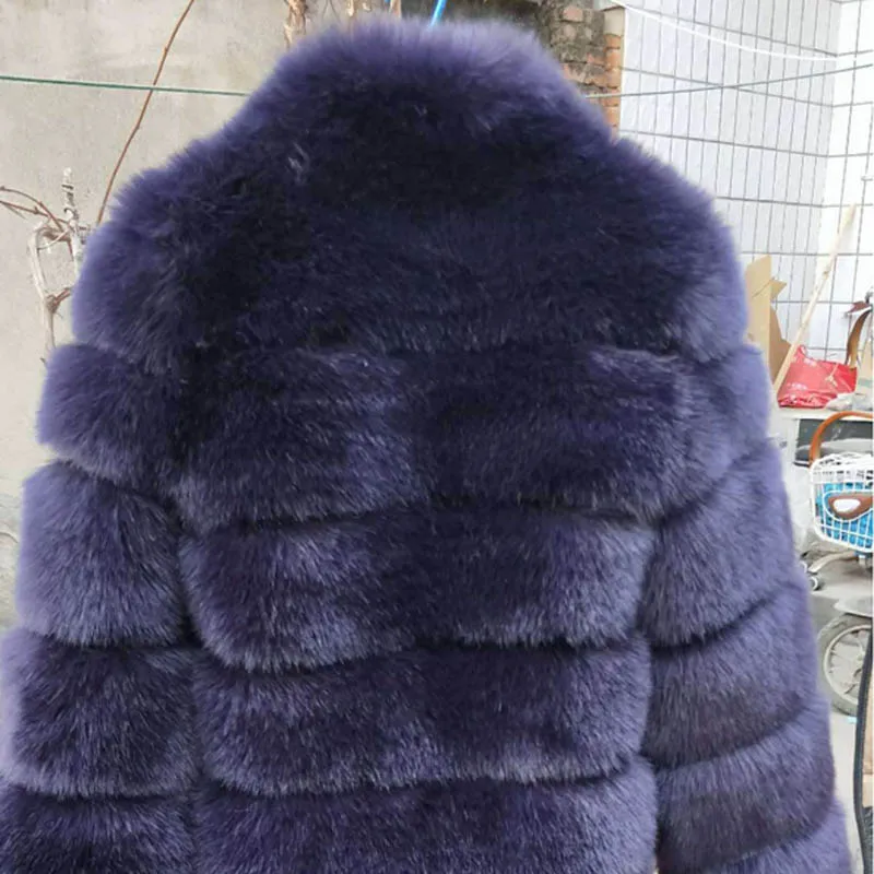Эксклюзивная меховая Шуба с пряжкой женская зимняя роскошная дизайнерская куртка из искусственного лисьего меха утепленное длинное пальто пушистая верхняя одежда с печворк - Цвет: navy fox fur coat