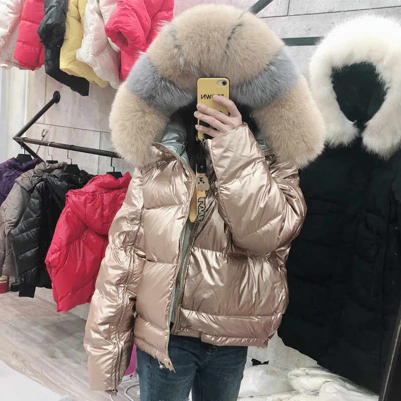 Пальто, женская короткая одежда из лисьего меха, большой меховой воротник, Двусторонний пуховик, Зимний стиль, корейский стиль, пуховик