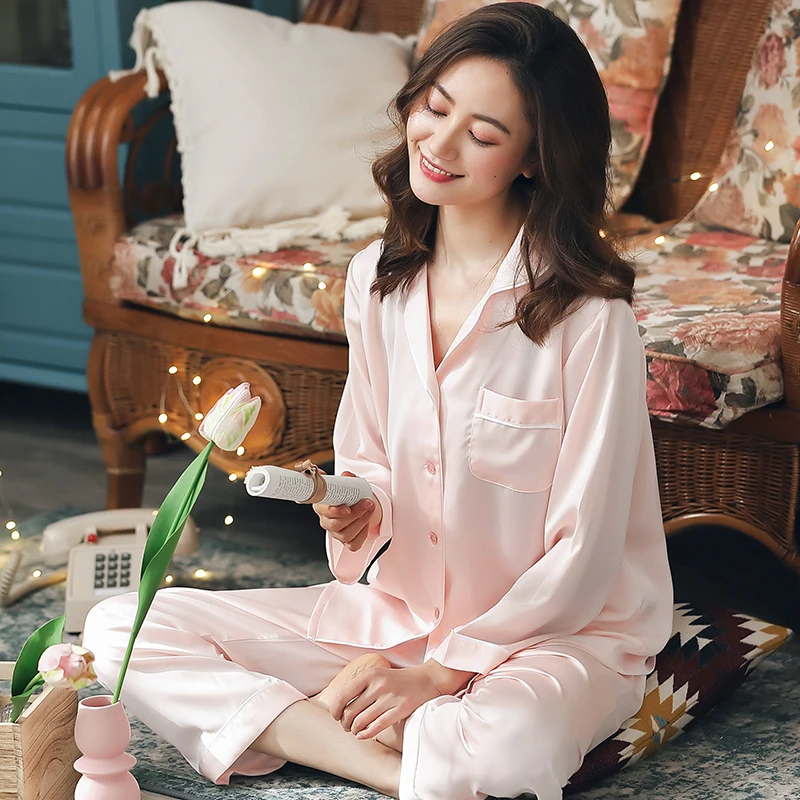 Summer Satin Pajamas Suit for Women Thin Pyjama PJ Set Long Sleeve Sleepwear Nightwear Ice Silk Pijamas Nighties Women