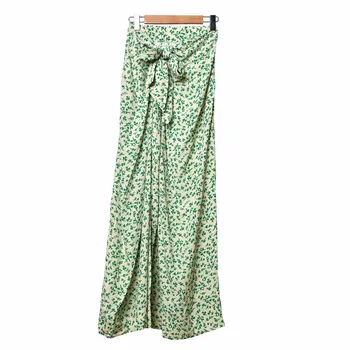 

Women Skirt 2020 Spring and Summer Skirt High-Waisted Green Leaf Print Midi Skirt