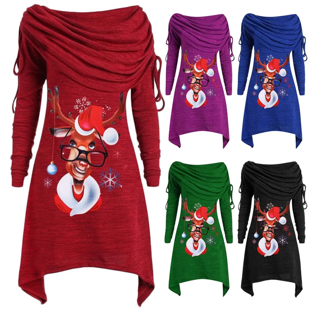 Зимняя Рождественская блузка размера плюс, женская модная однотонная длинная туника с отложным воротником и рюшами, женские топы, женская блузка