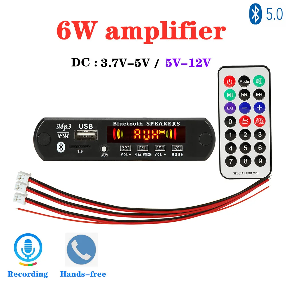 VICFINE Hands-free 6W amplifier MP3 Player Decoder Board 5V 12V Bluetooth 5.0 Car FM Radio Module Support TF USB AUX Recorders