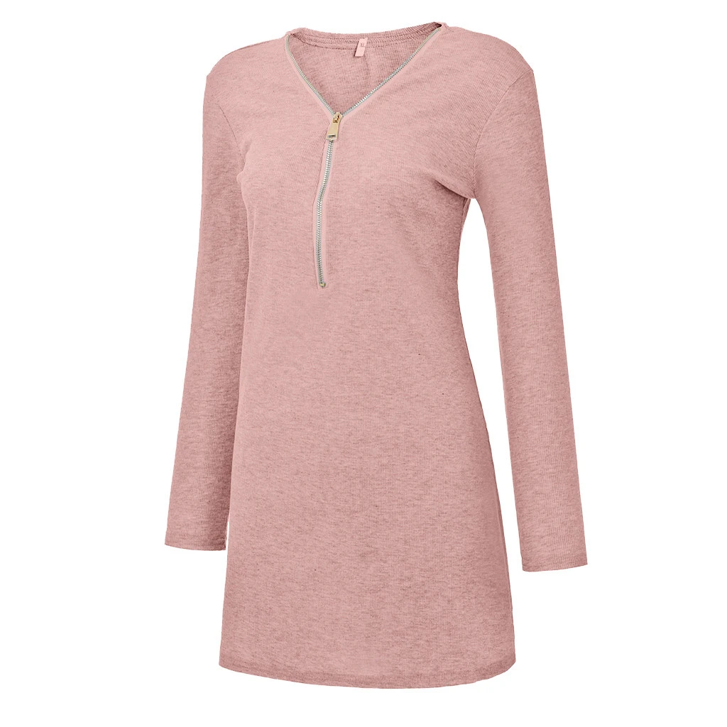 Above Knee Dress Fashion Women AutumnSexy Solid V-Neck Dresses Long Zipper Long Sleeve Tight Winter Mini Dress Girl Ladies 729