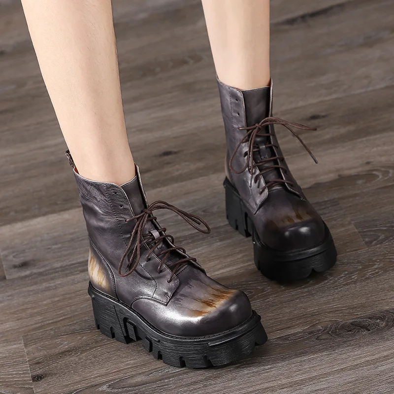 

Mixed Color Women Leather Shoes Ankle Booties Thick Heels Vintage Style Natural Leather Round Toes Lady Wedge Platform Bootes