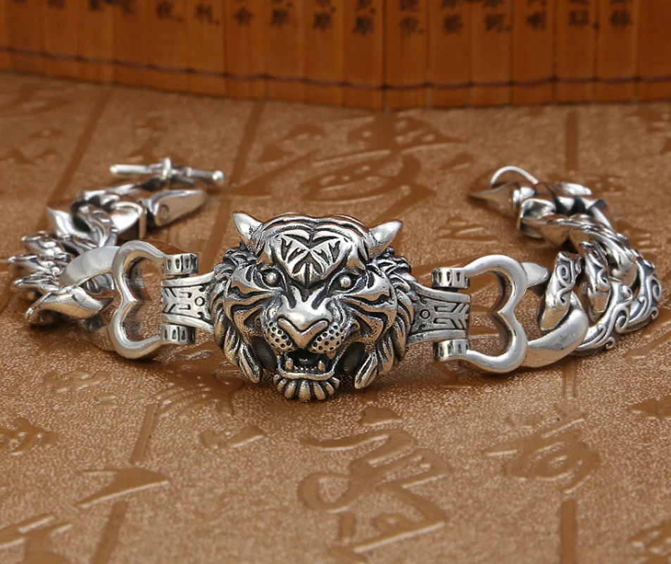 s4486(民族风朋克925纯银男士霸气虎头手链 宽面个性潮人藤蔓纹复古手环