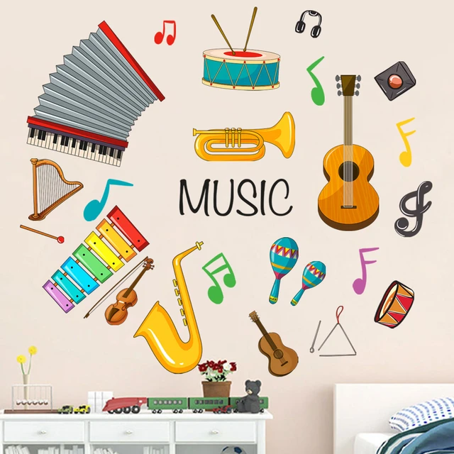 Pegatinas de instrumentos musicales de dibujos animados para niños,  calcomanías decorativas creativas para dormitorio, Mural de