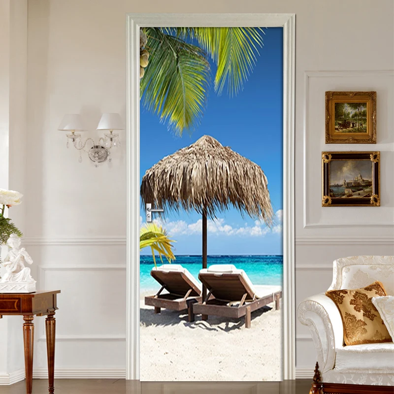 

Beach Sunlight Coconut Tree Landscape 3D Murals PVC Self-Adhesive Waterproof Door Sticker Home Decor Wall Stickers Decals Poster
