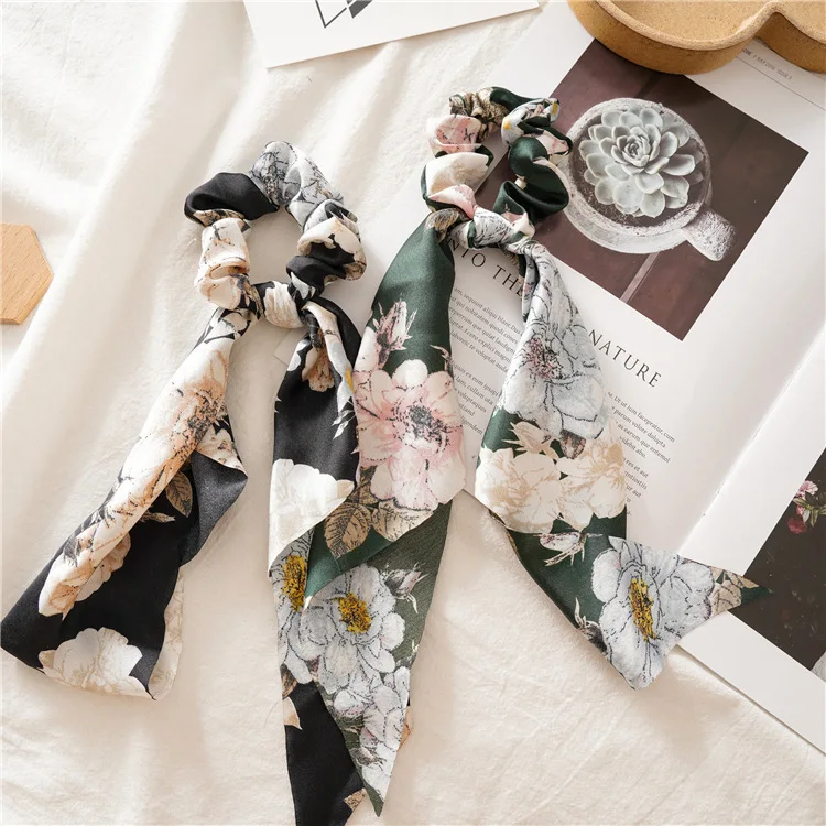 hair clips for thick hair Bestilk 2021 New Satin Floral Print Women's Hair Scrunchie Elastic Hair Large Scarf Bands Hair Tie Rubber bands for Girls crocodile hair clips